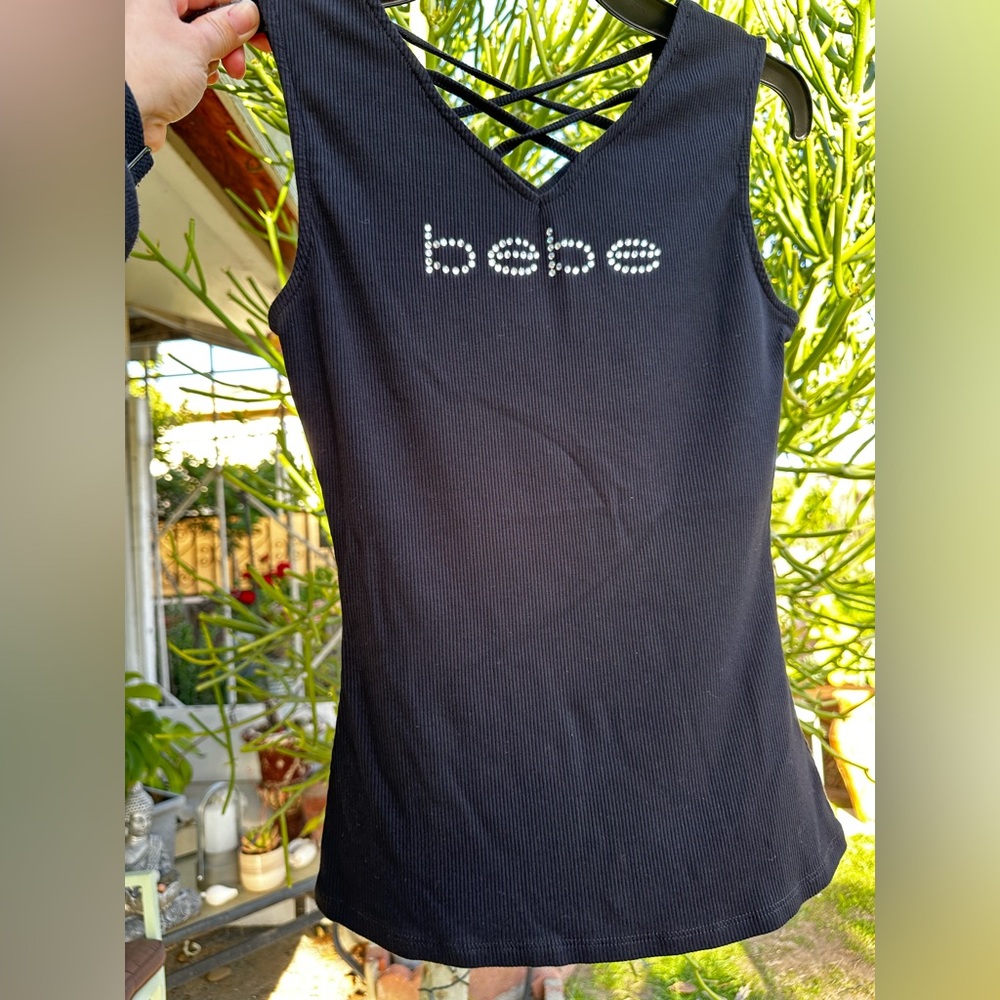 BEBE Black Bling Logo Tank Top XS